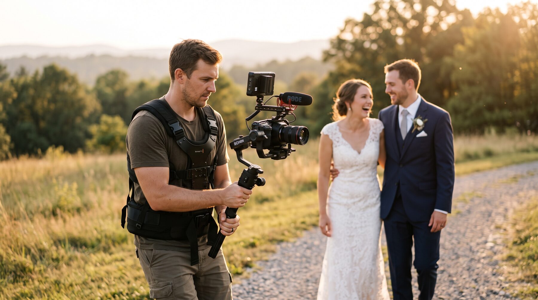 A solo videographer filming a bride and groom on a gravel path at golden hour with a gimbal-mounted cinema camera.